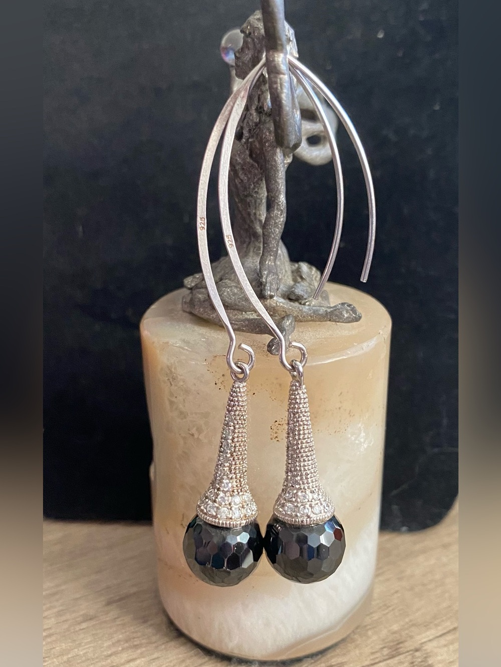Vintage Sterling Silver Drop Earrings Faceted Black Onyx with CZ Accents 925
